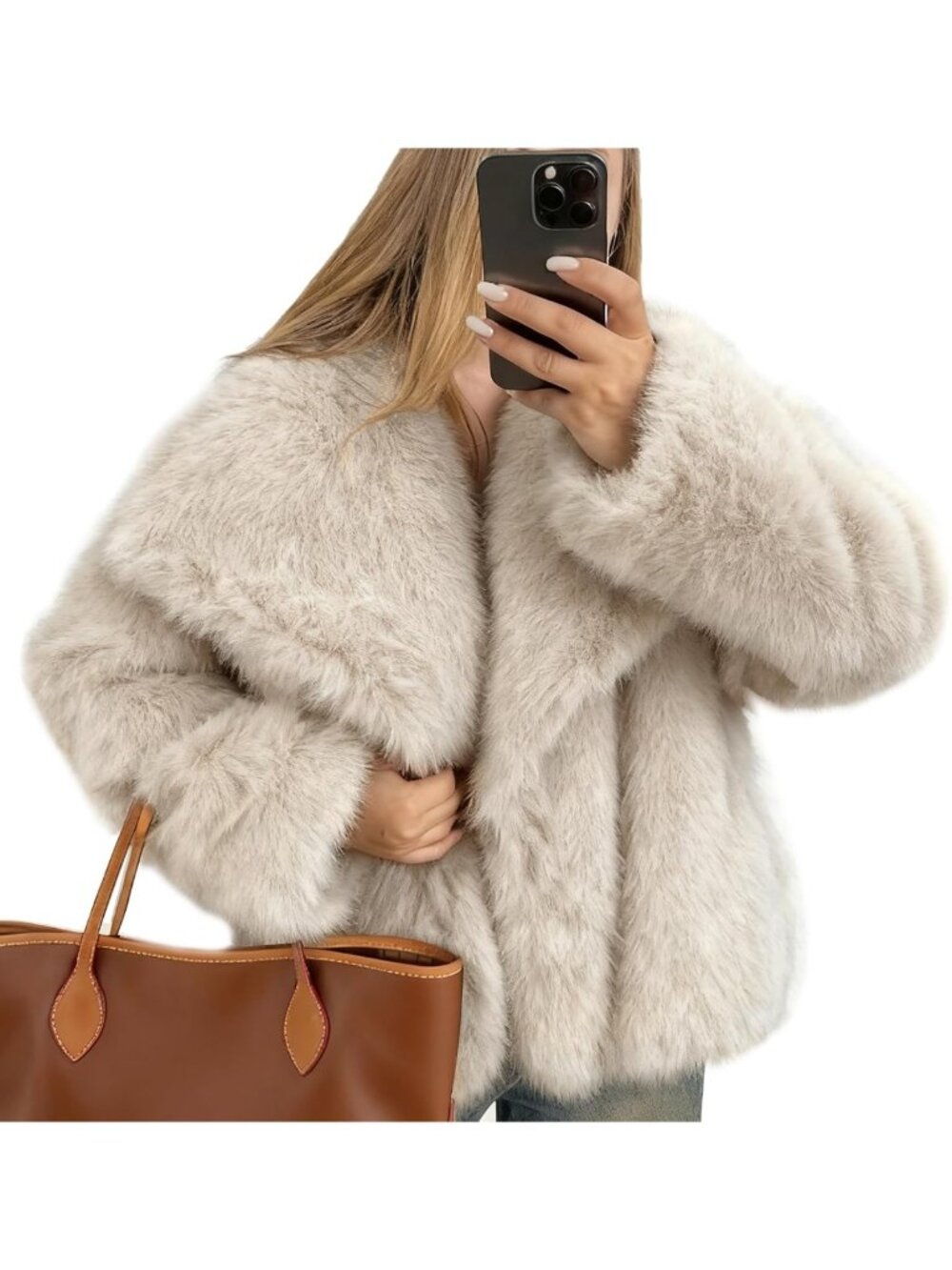 Fluffy Faux Fur Cropped Jacket Beige Shaggy Oversized Lapel Winter Coat